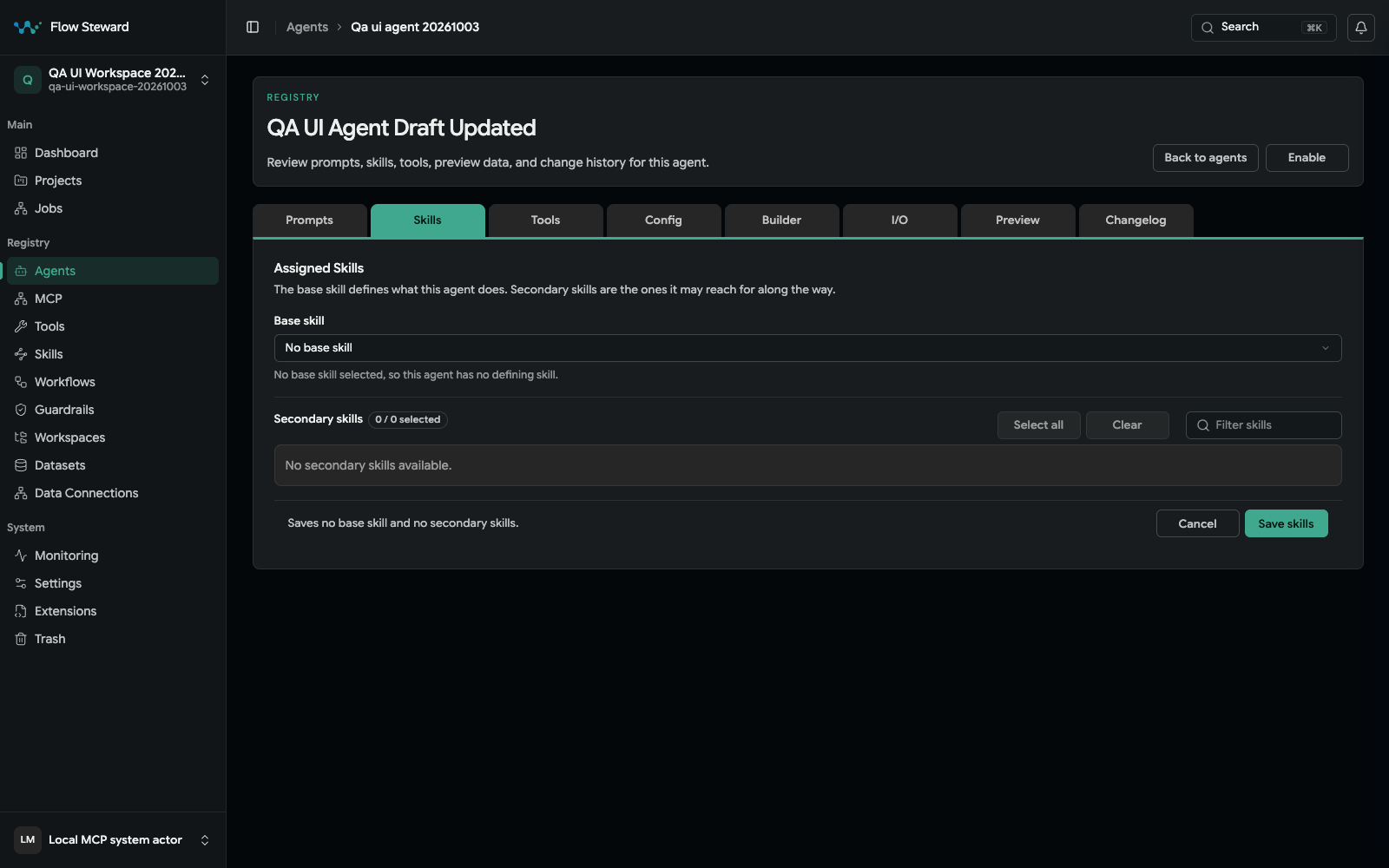 Agent Skills tab with base-skill and secondary-skill assignment controls