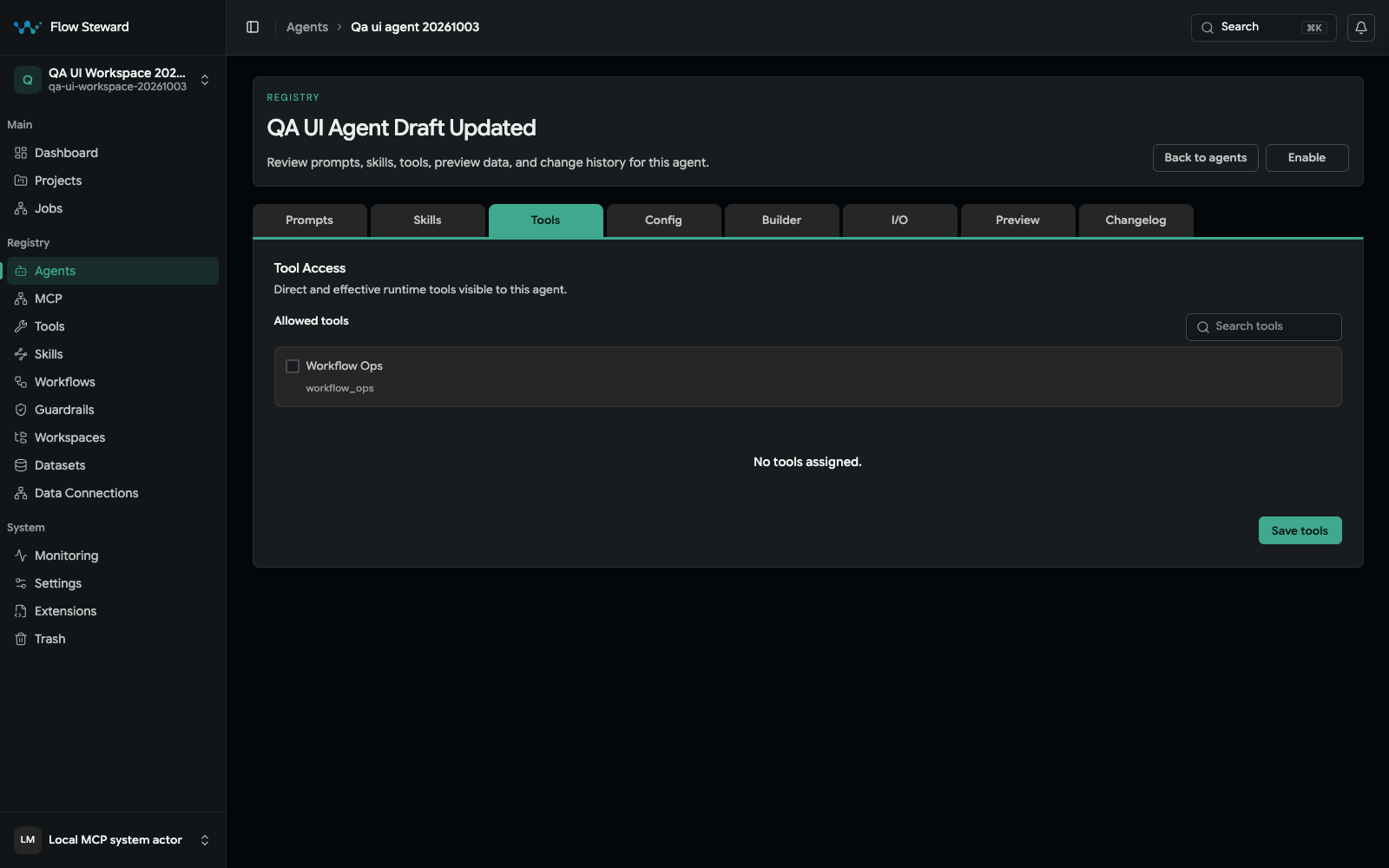 Agent Tools tab with allowed-tool assignment controls