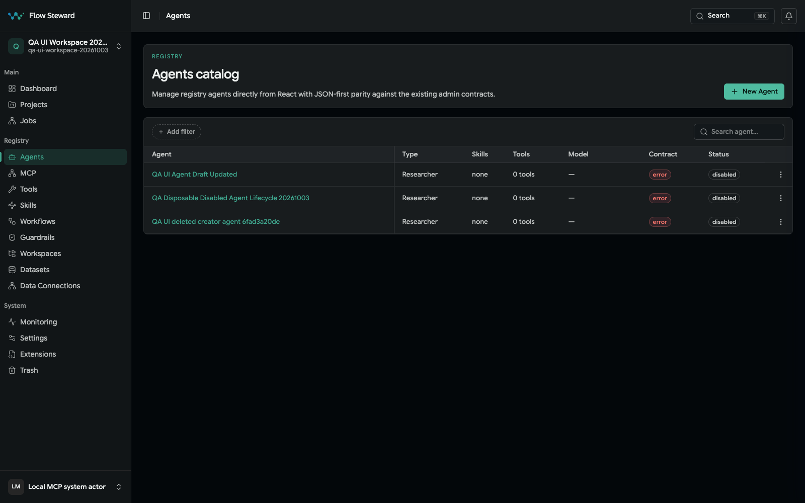 Agents catalog with search, filters, and agent records