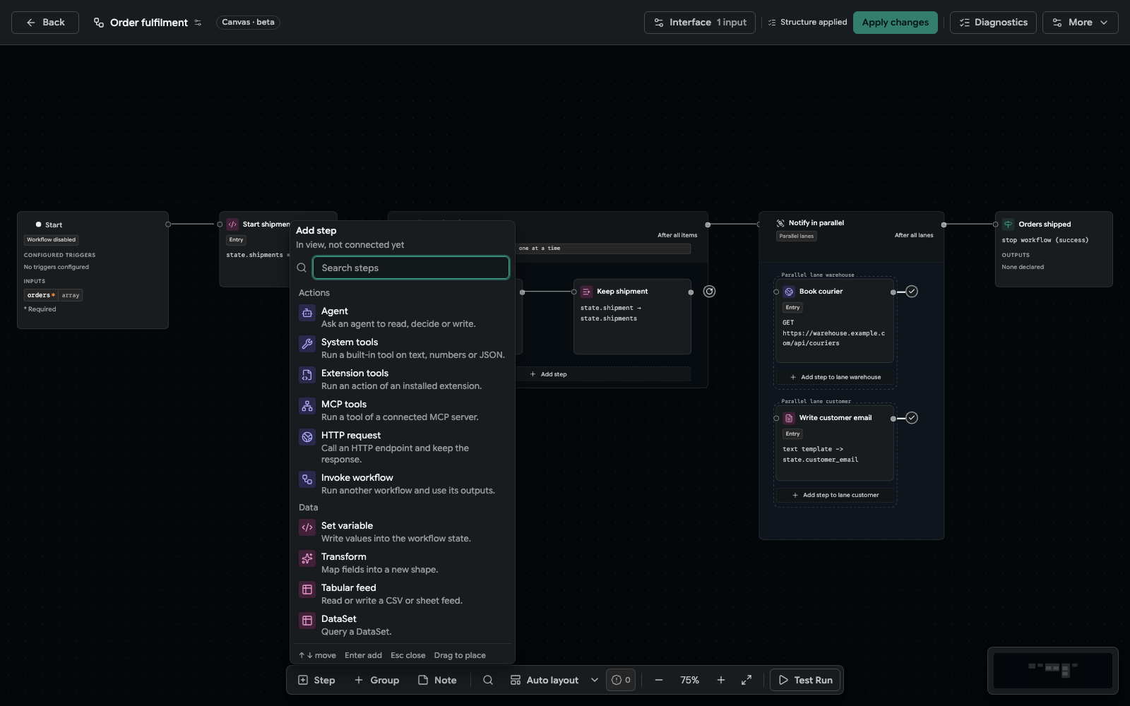 Add step menu open on the canvas, listing Actions and Data kinds with one-line descriptions