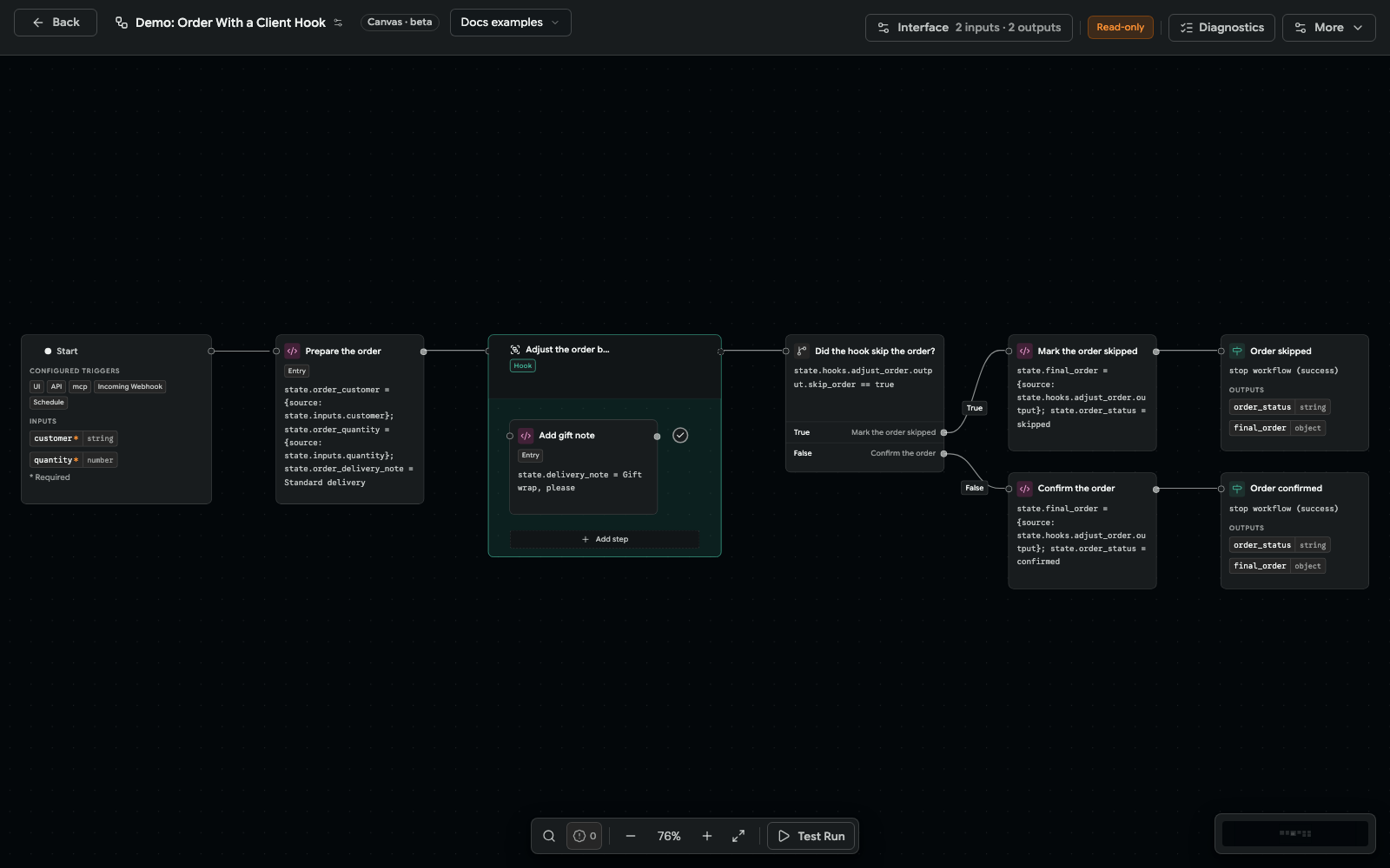 Read-only extension workflow in the builder with the Docs examples project selected and one step inside the Adjust the order hook