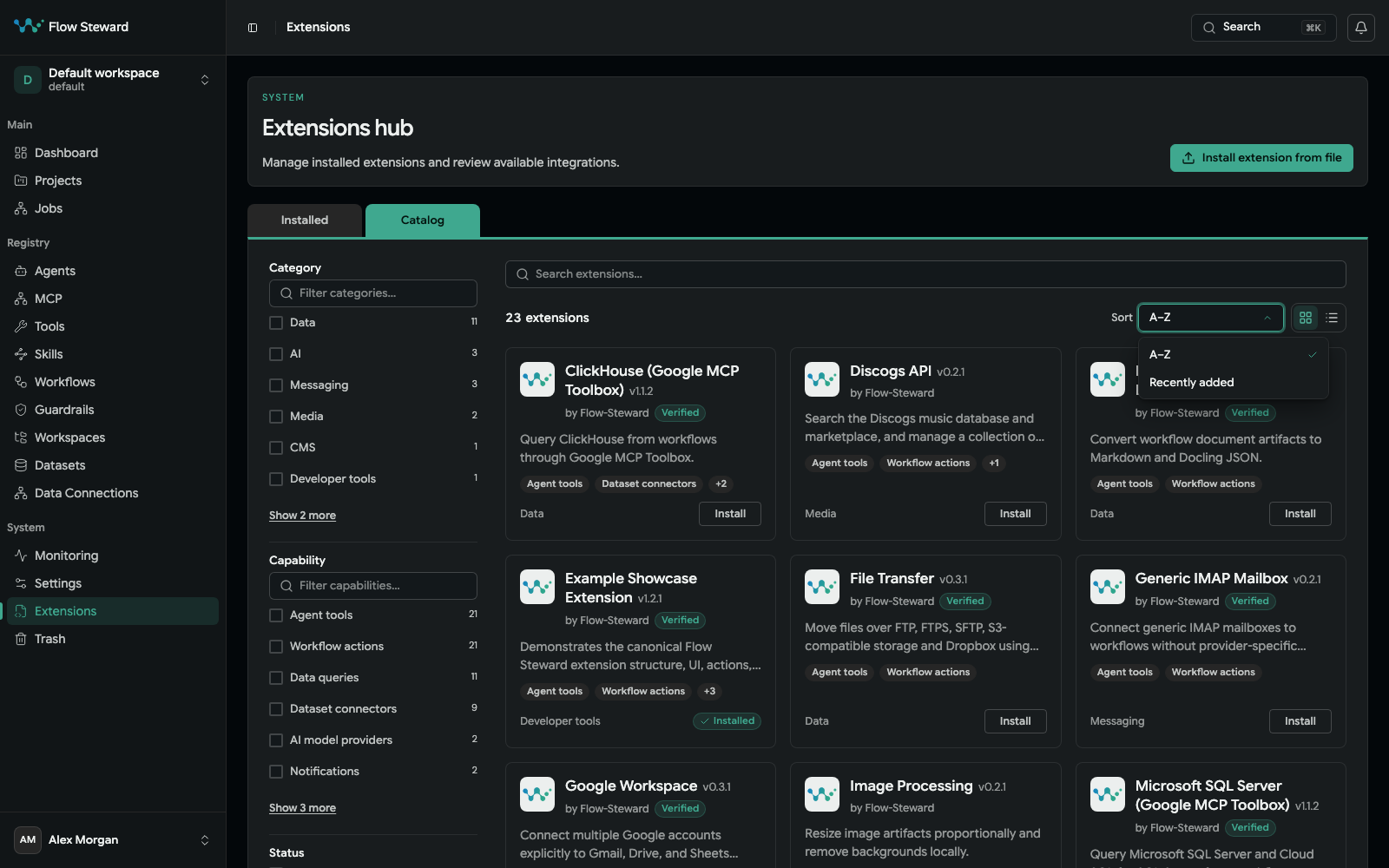 Extensions Catalog tab with category and capability filters and the Sort menu open showing A–Z and Recently added