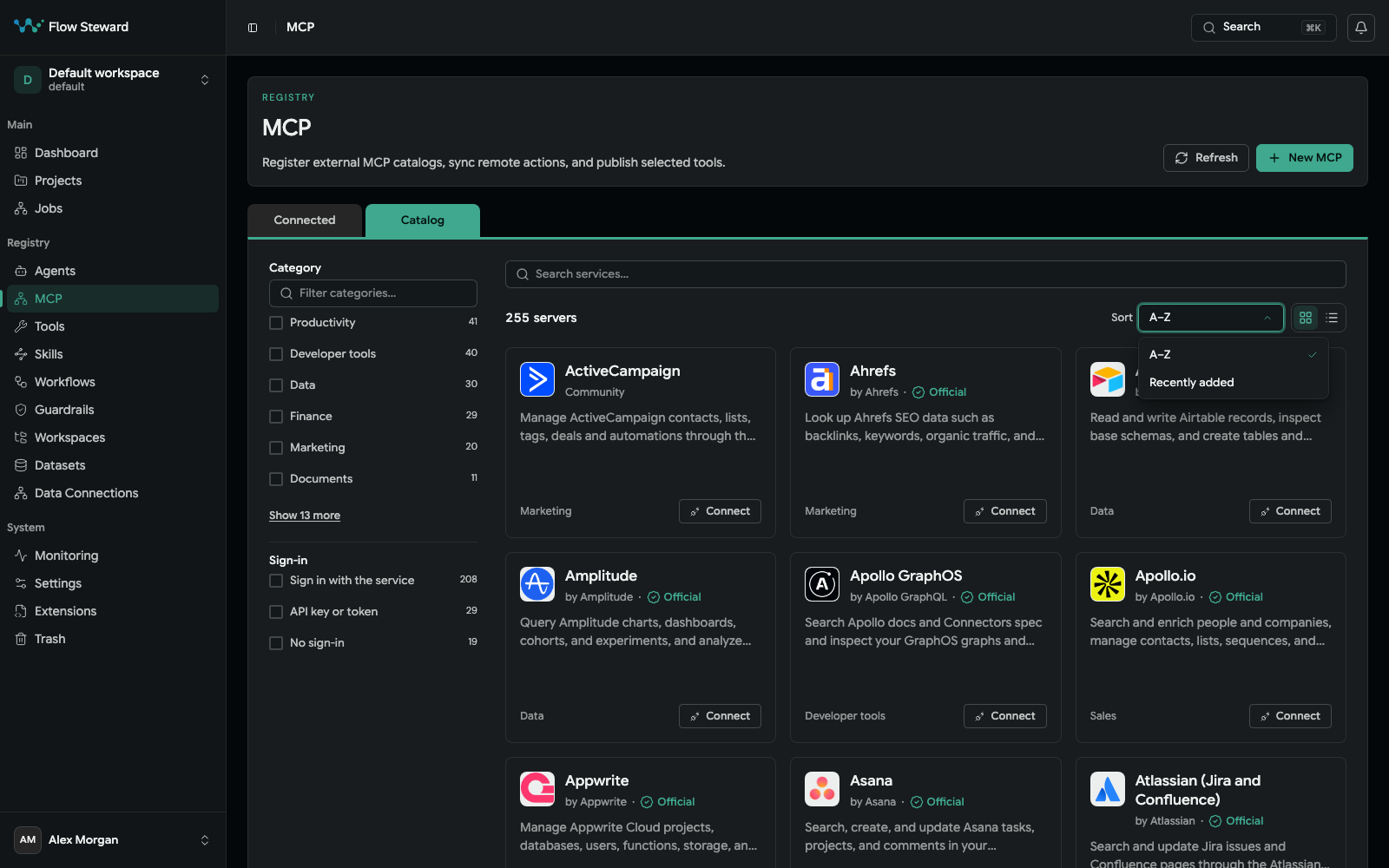 MCP Catalog tab with category and sign-in filters, server cards marked Official or Community, and the Sort menu open