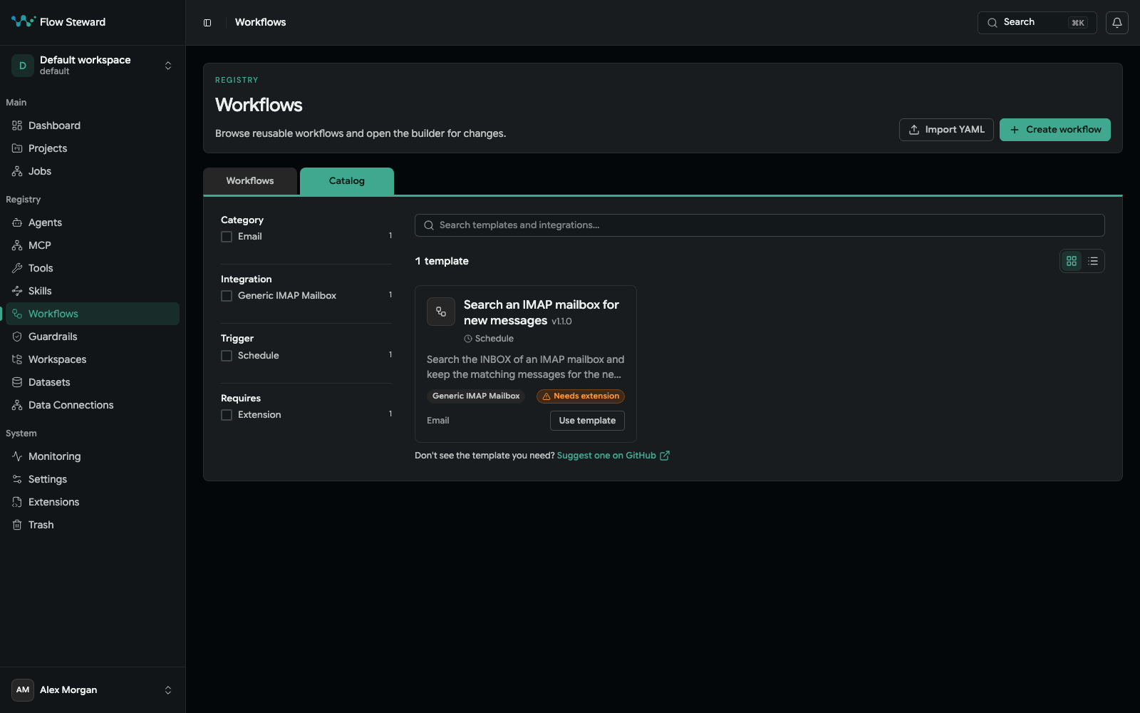 Workflows Catalog tab with category, integration, trigger and requirement filters and one template card marked Needs extension
