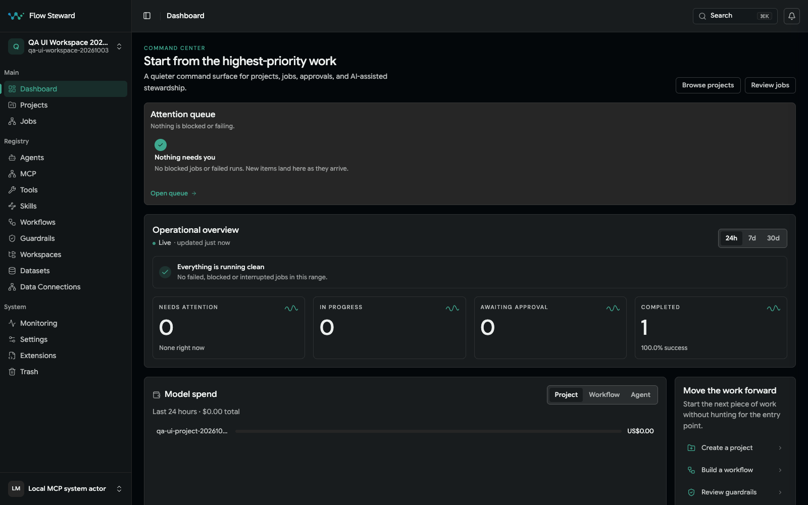 Flow Steward dashboard with the attention queue, operational overview, and main navigation