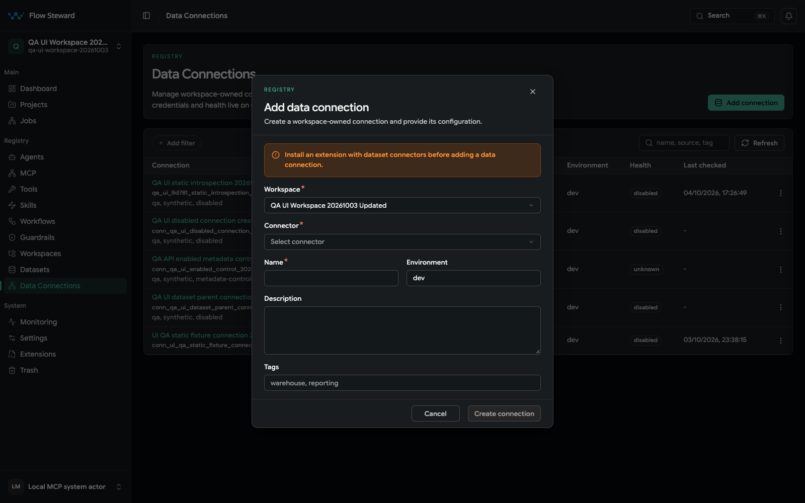 Add data connection dialog with workspace, connector, name, environment, description, and tag fields
