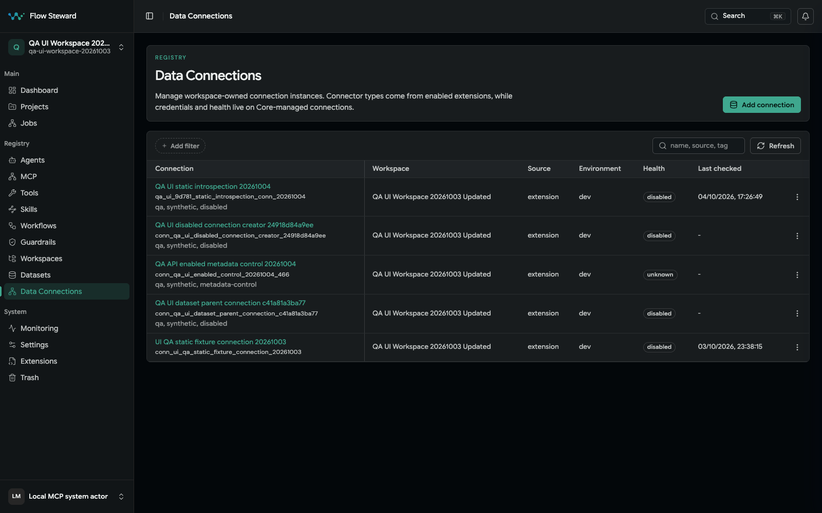 Data Connections page with workspace-scoped connection records and status