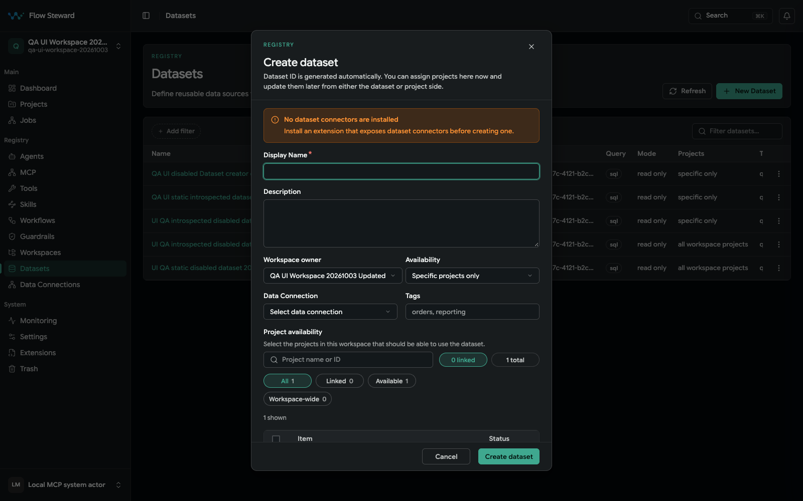 Create dataset dialog with ownership, availability, connection, project assignment, schema, read-only, and enabled controls