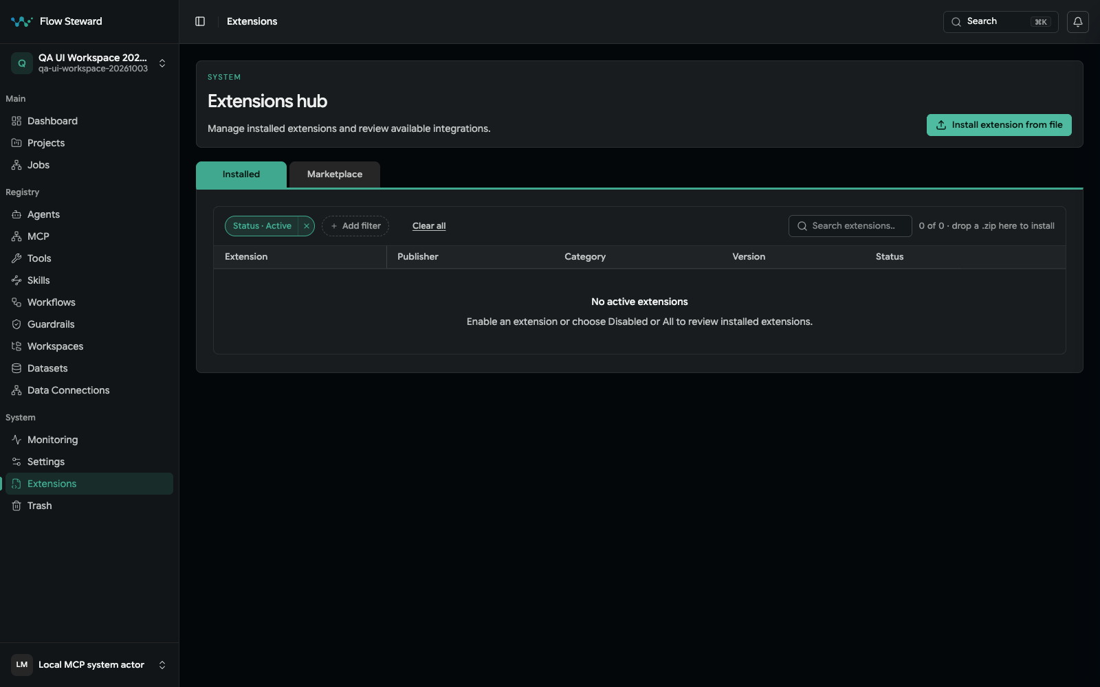 Extensions hub with catalog and installed-extension controls