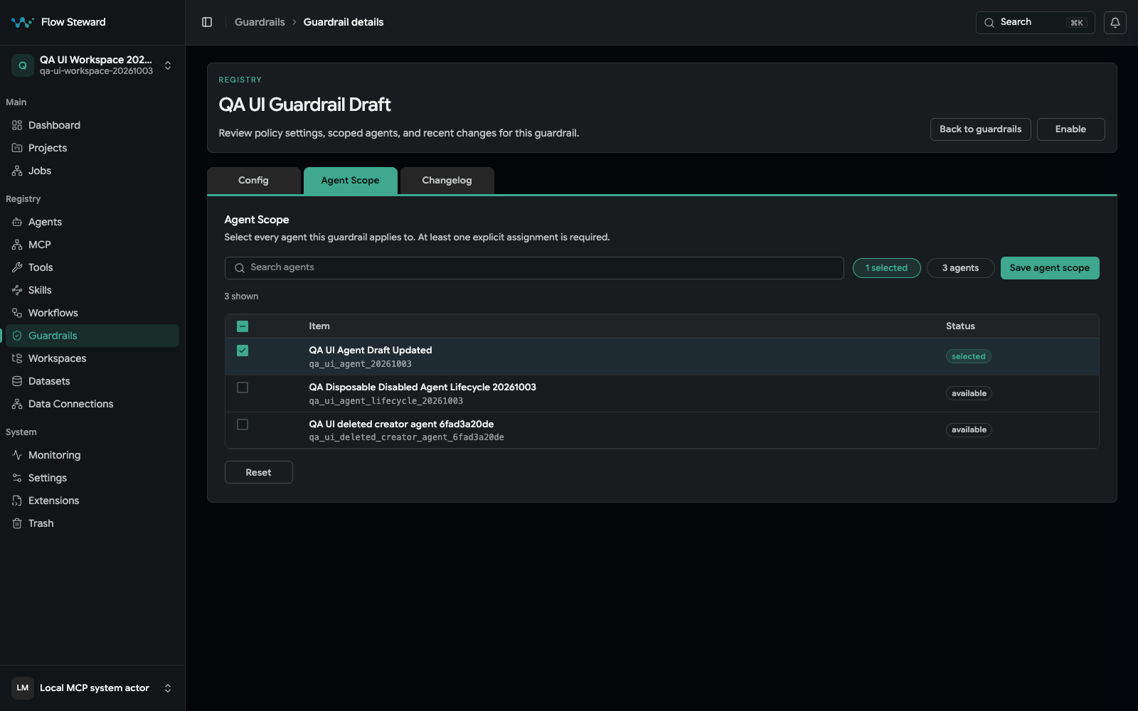 Guardrail Agent Scope tab with one selected agent and two available agents