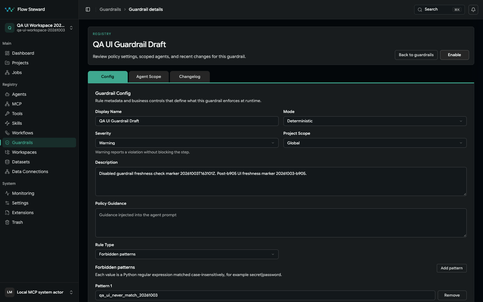 Guardrail detail showing project scope, agent scope, rule configuration, and severity