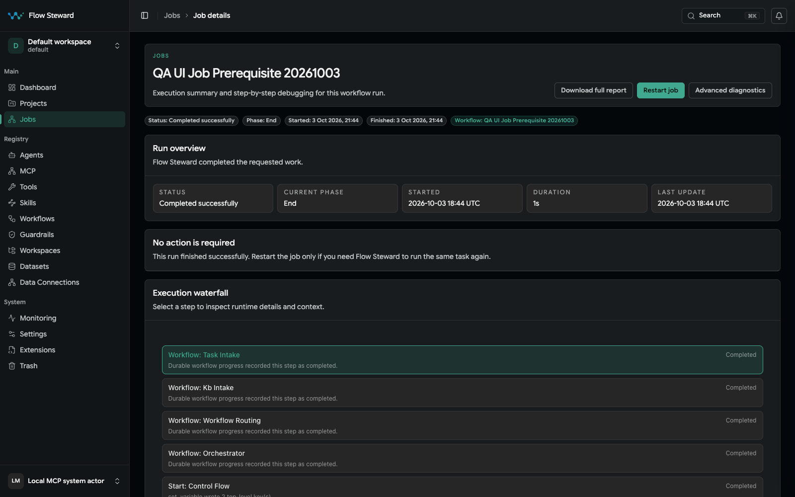 Historical completed provider-free job detail with status, timing, execution waterfall, restart, report, and diagnostics controls