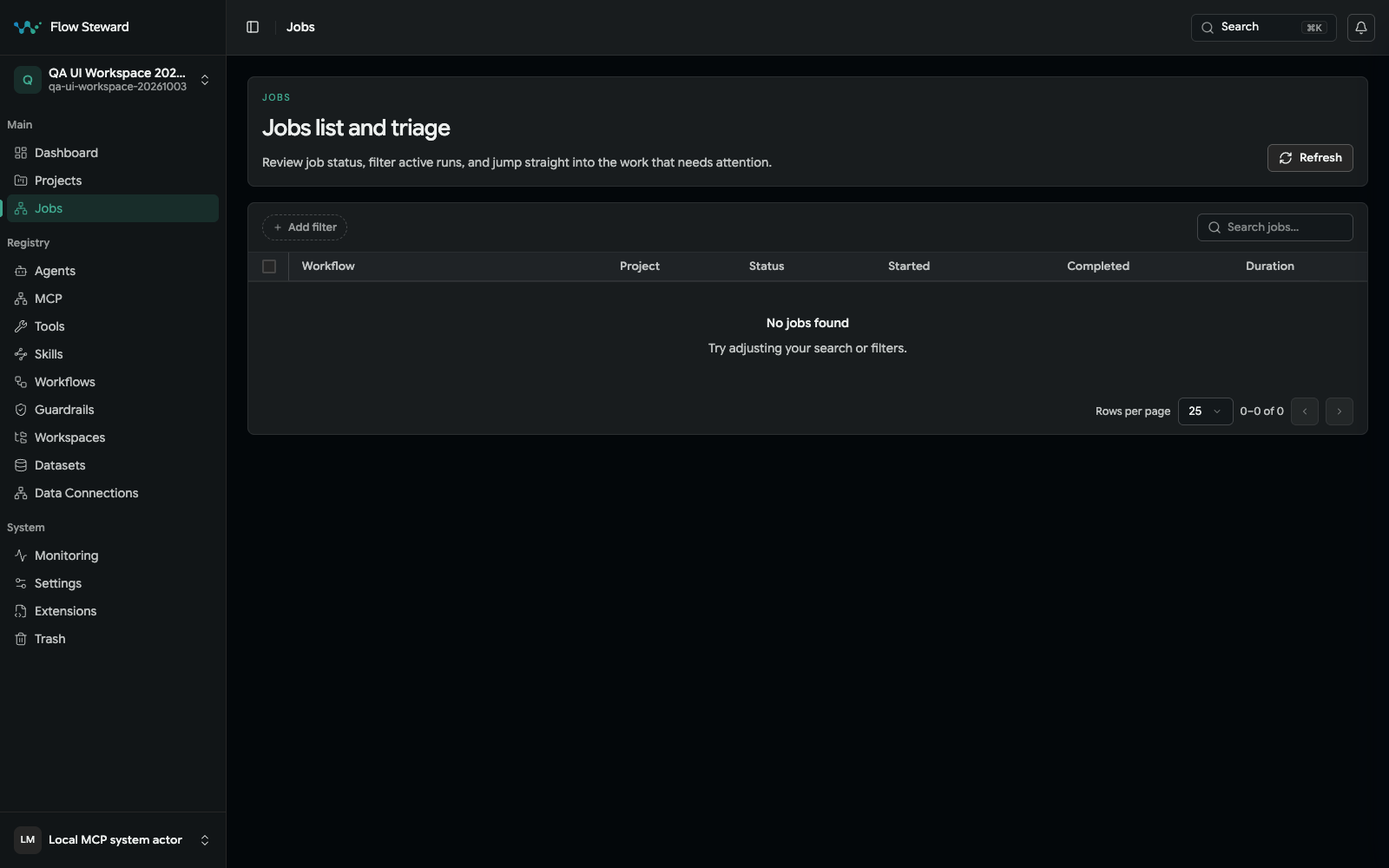 Jobs page with list controls used to find and triage workflow runs