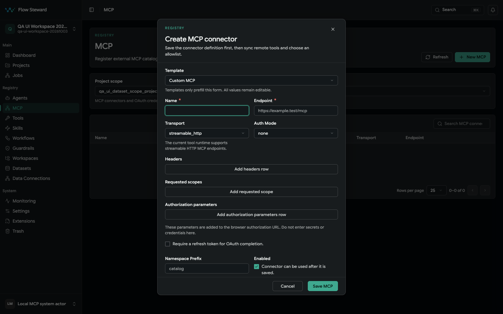 Create MCP connector form with endpoint, transport, authentication, headers, scopes, namespace, and enabled controls