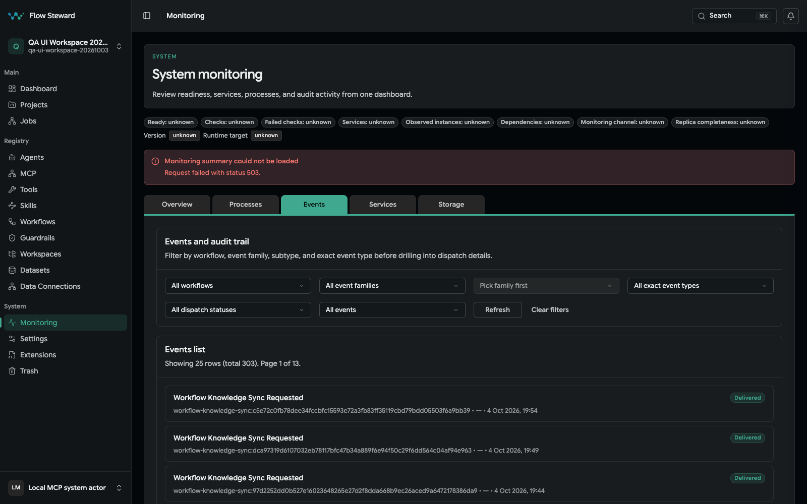 Monitoring Events tab with workflow, event-family, event-type, dispatch-status, and event filters