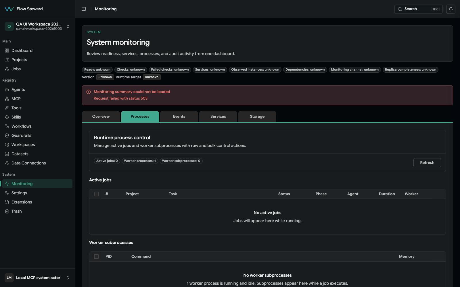 Monitoring Processes tab used to inspect runtime process state