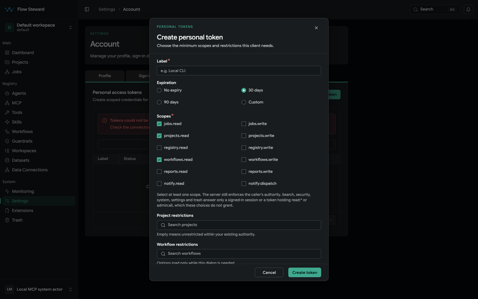 Create personal token dialog with expiration, scopes, project restrictions, and workflow restrictions