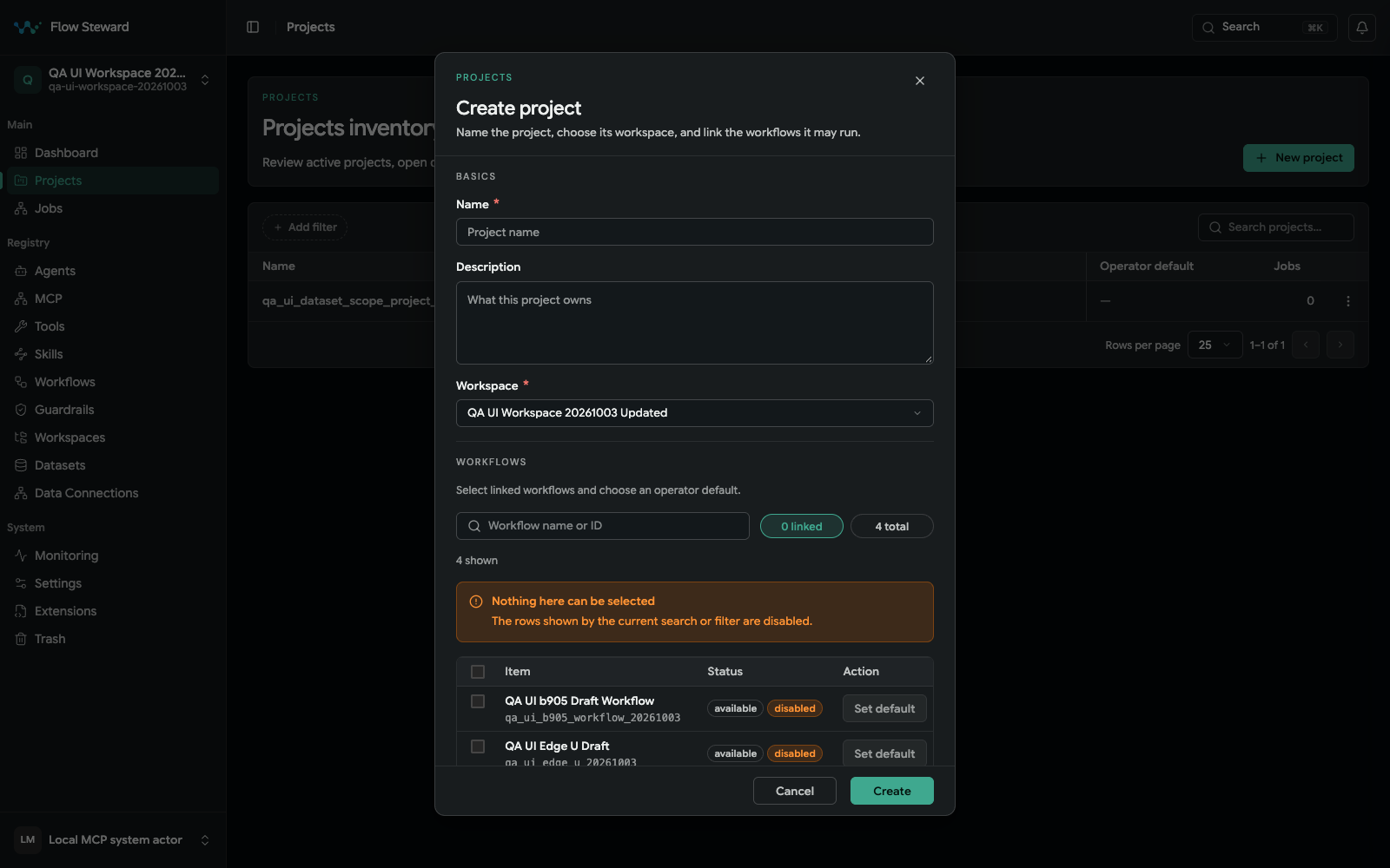 Create project form with workspace, workflow, data-connection, model-routing, and agent-rule sections