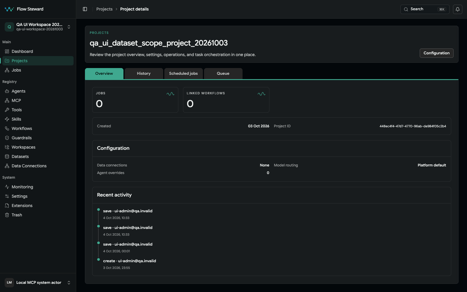 Project overview with project metadata and configuration navigation