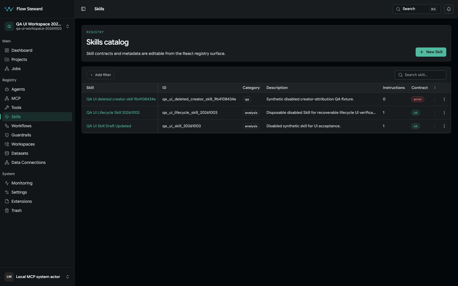 Skills catalog with search, filters, and skill records