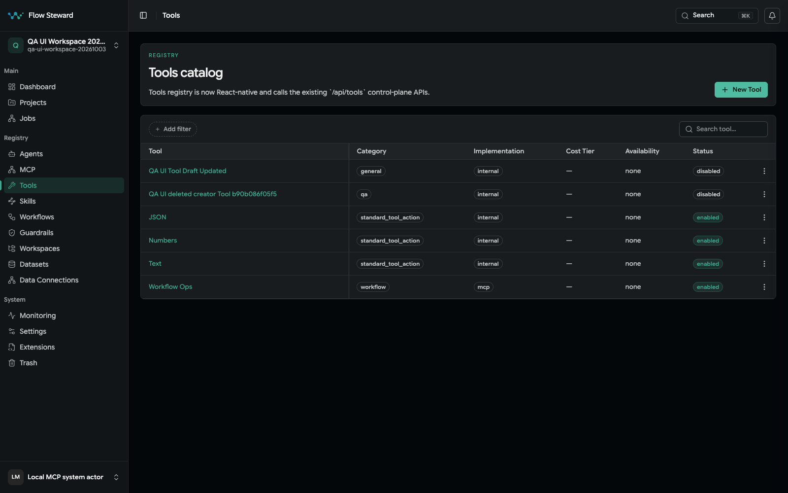 Tools catalog with registered tool records and filtering controls