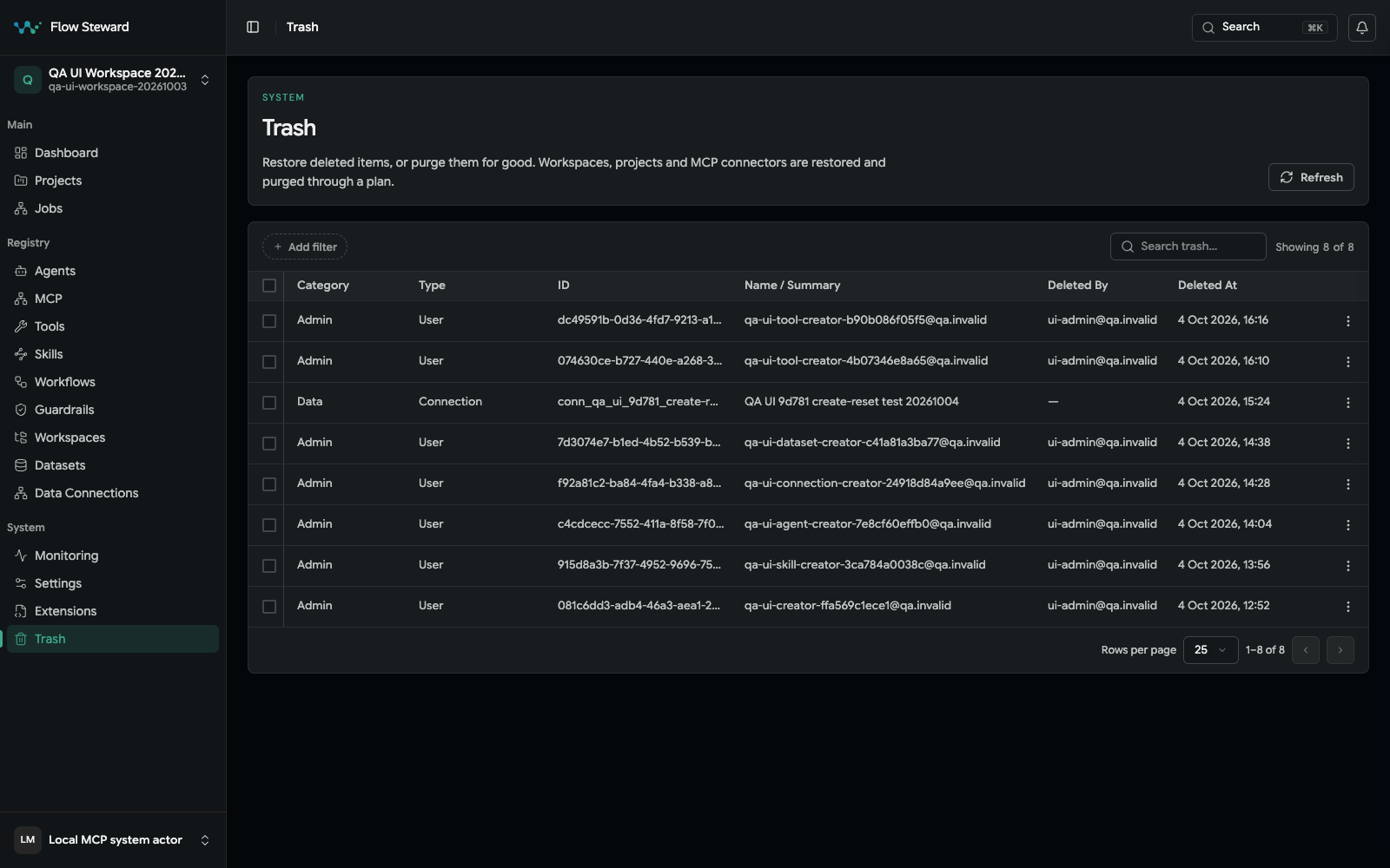 Trash page with entity filters and restore or purge actions for deleted records