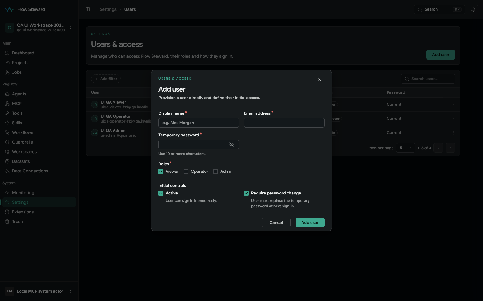 Add user dialog with display name, email, temporary password, roles, active state, and password-change control