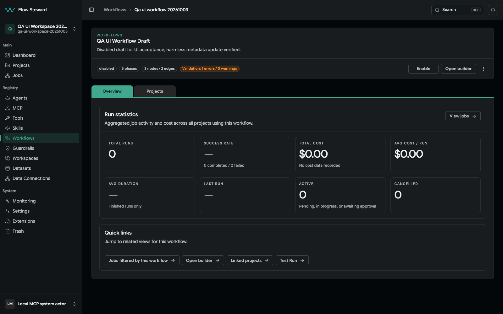 Workflow overview with status, validation, and workflow actions