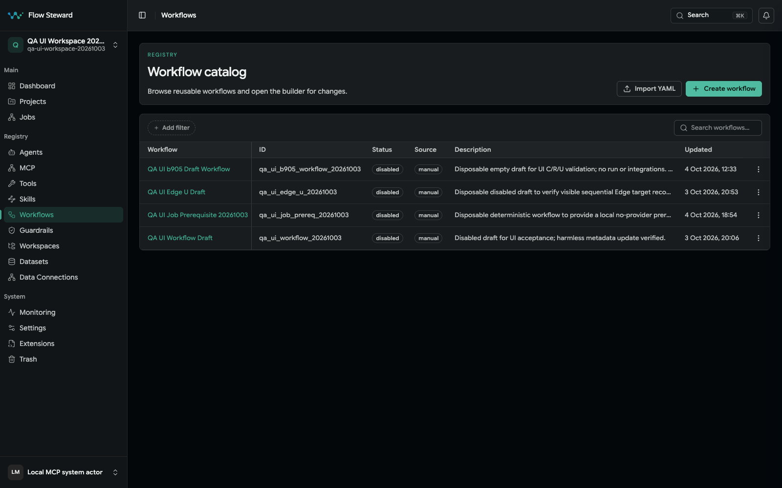 Local workflow list showing workflow records and their states