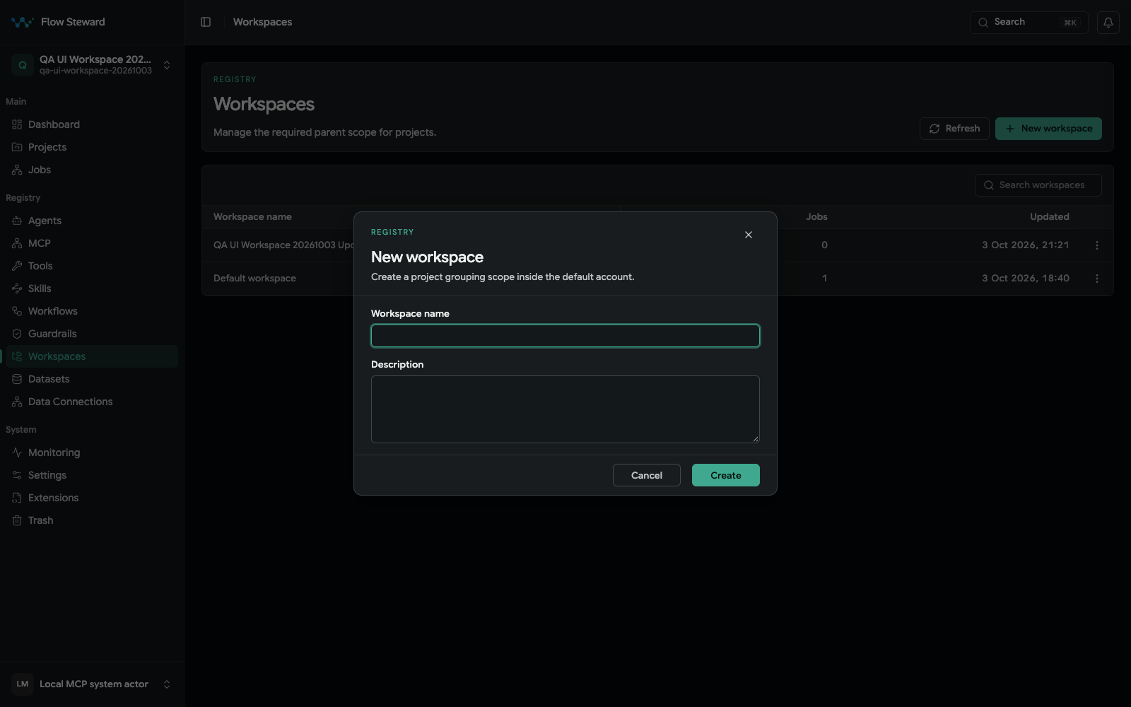 New workspace dialog with workspace name and description fields
